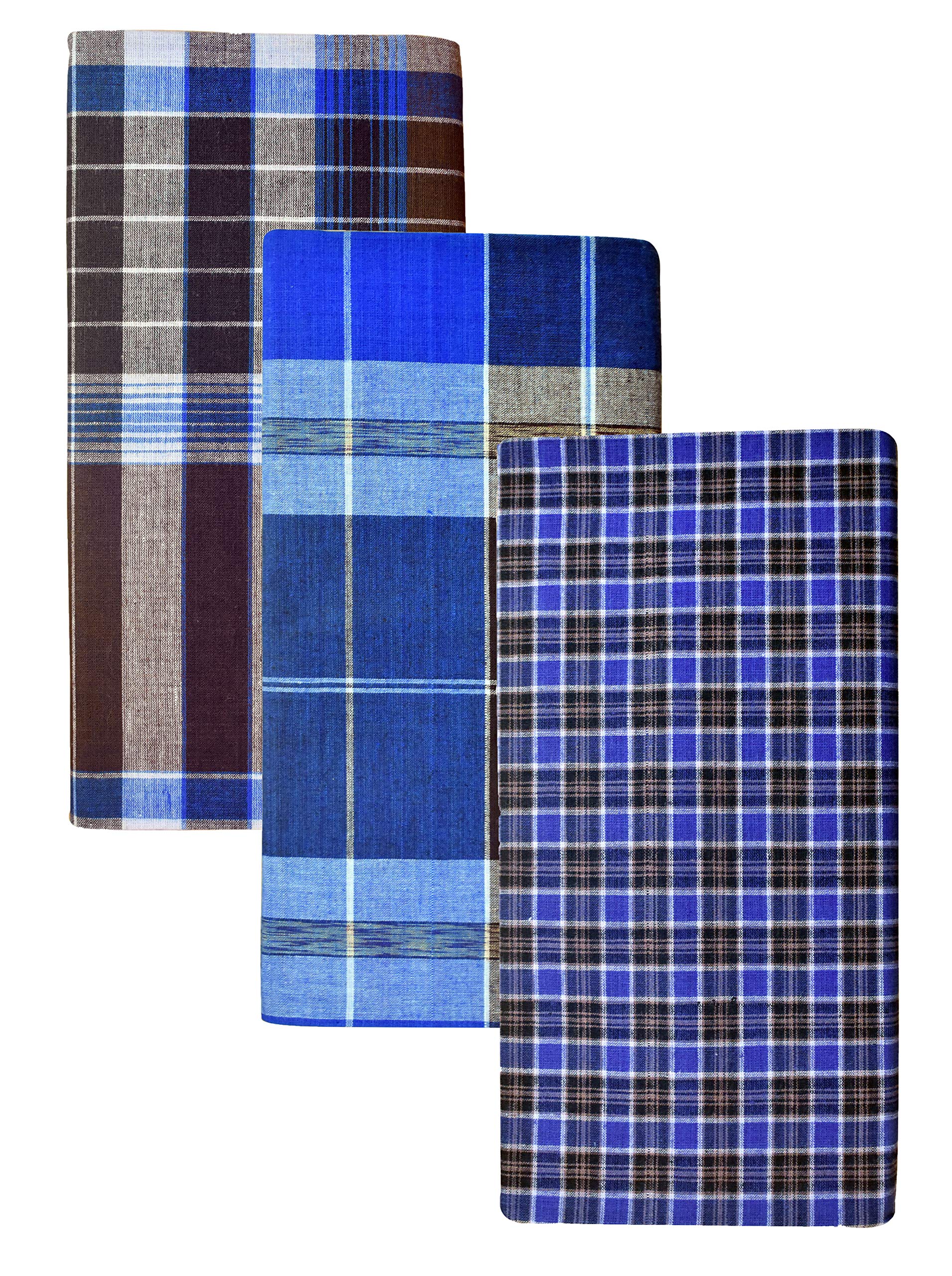 BlueLeafMen's Cotton Multi Color Lungis 2 meter (Set of 3)