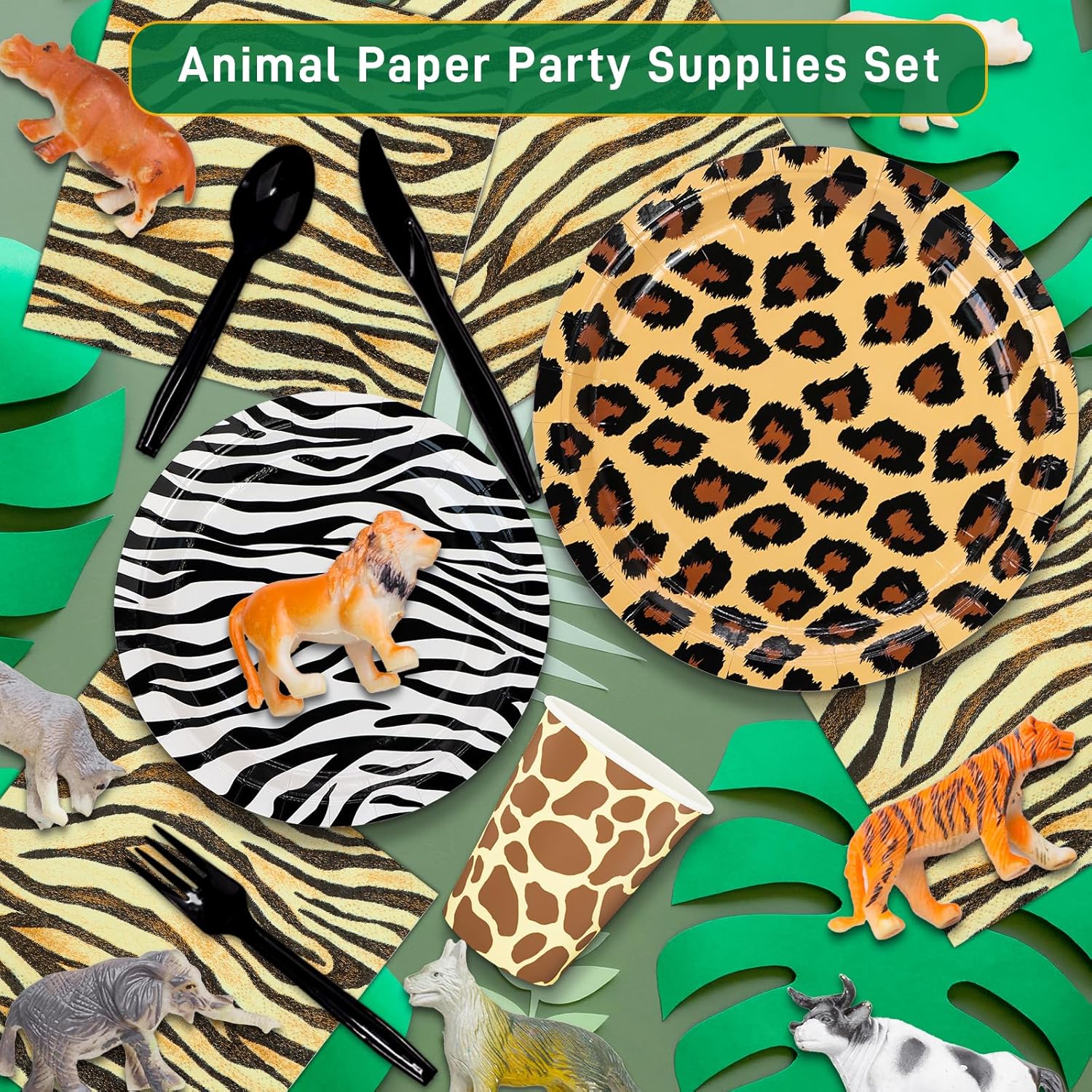 DYLIVeS 168pcs Zoo Animal Print Birthday Party Decorations, Leopard Print Dinner Plates Zebra Dessert Plates Tiger Napkins Giraffe Cups Cutlery Disposable Safari Jungle Theme Party Supplies, Serves 24