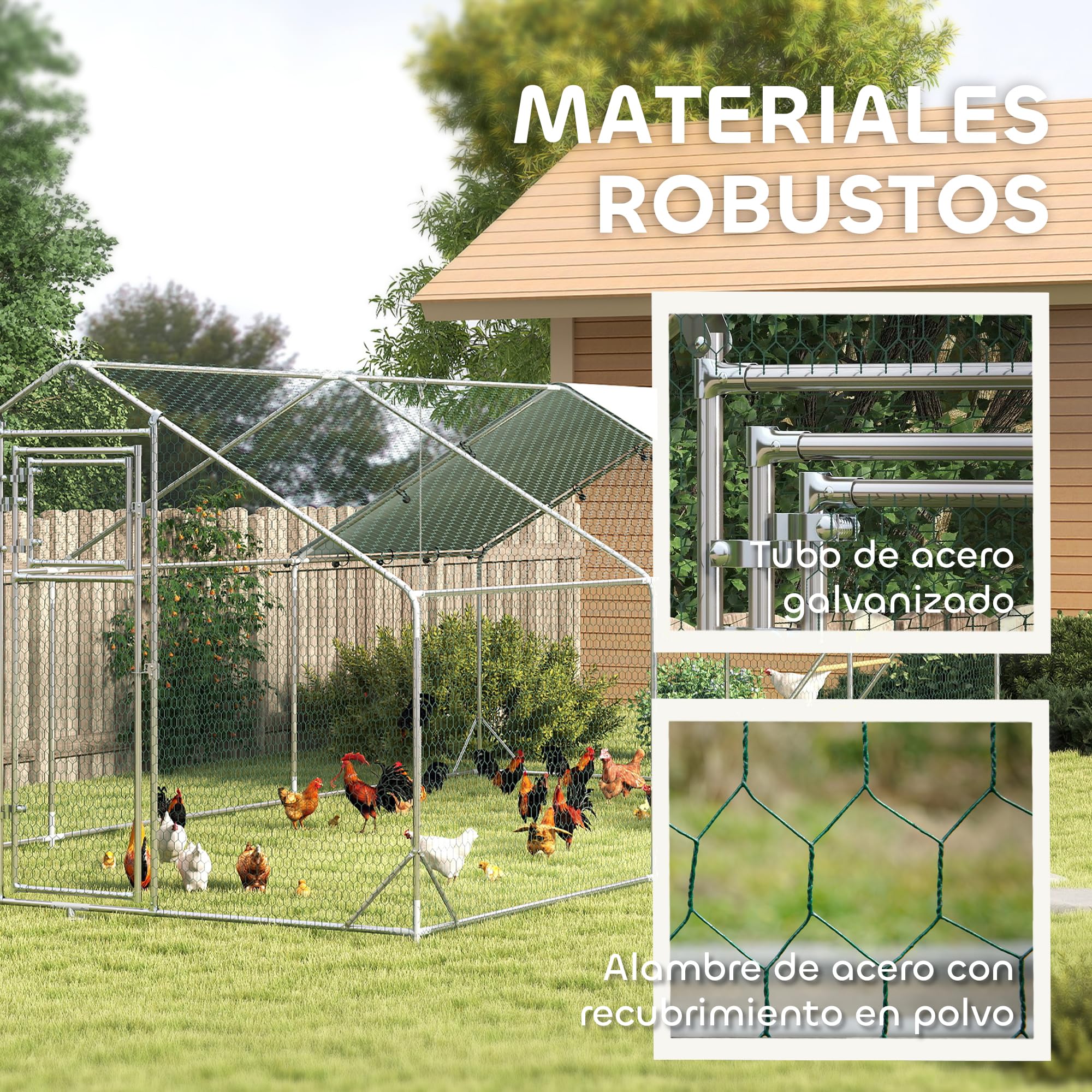 PawHut Gallinero Exterior 18 m² 3x6x1,95 m Acero Galvanizado para 18-24 Gallinas Impermeable Anti-UV