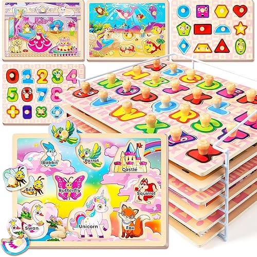 SYNARRY Wooden Puzzles for Toddlers 1-3, 6XSET Toddlers Puzzles Ages 1-3 with Rack, Learning Alphabet Number Shape Unicorn Princess Mermaid Animal,