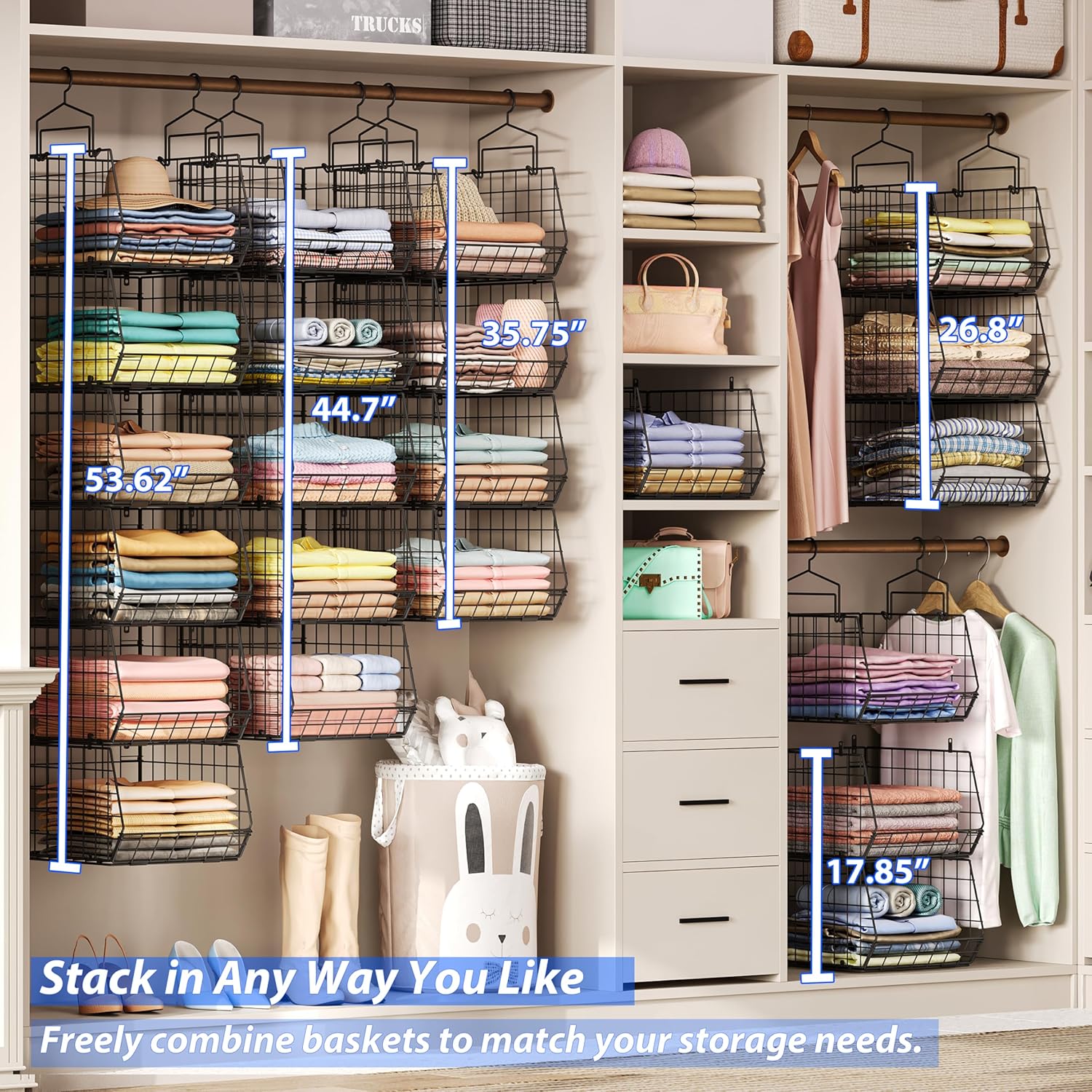 6-Tier Extended Depth Hanging Closet Organizers and Storage for Closet Organization, Stackable Hanging Shelves with Hooks for Clothes Sweaters Towels Purses, Fits Closet Shelves & Wire Metal Shelving