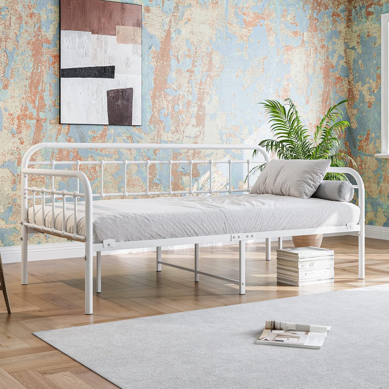 JURMERRY Metal Daybed Frame Twin Size with Steel Slats Platform Furniture, White…