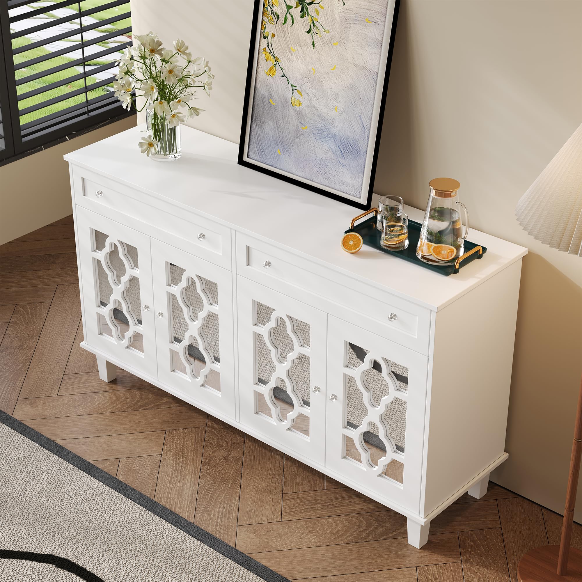 Komoda z drzwiami z lustrem, 140 cm, komoda z kryształowymi uchwytami, kredens z 2 szufladami, nowoczesna komoda z regulowanymi półkami, elegancka szafka do przechowywania do przedpokoju