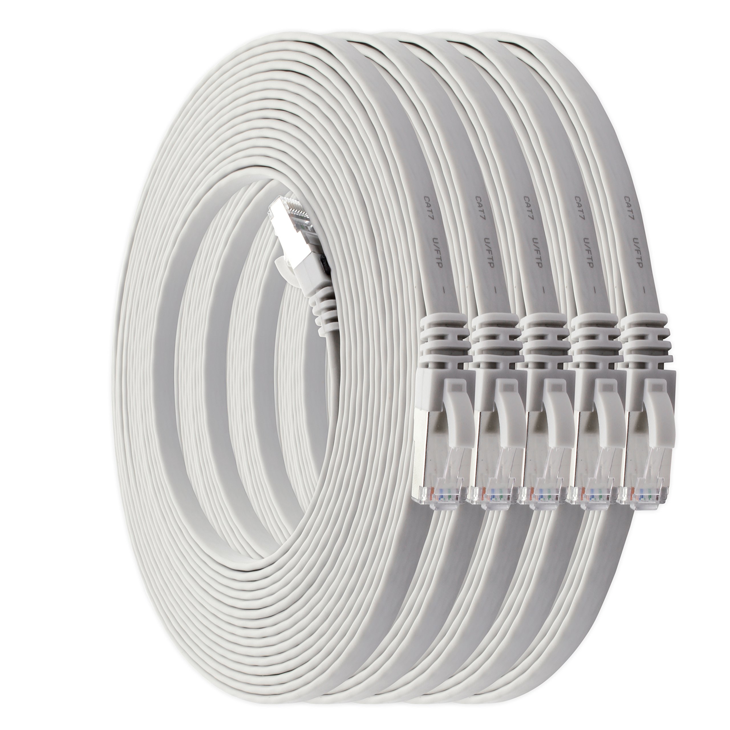 1aTTack.de 7,5m - weiß - 5 Stück Cat7 Flachkabel Netzwerkkabel Cat 7 Rohkabel Gigabit Lan (10Gbit/s) Flachbandkabel Verlegekabel Patchkabel Flach Slim Rj 45 Stecker Cat6a