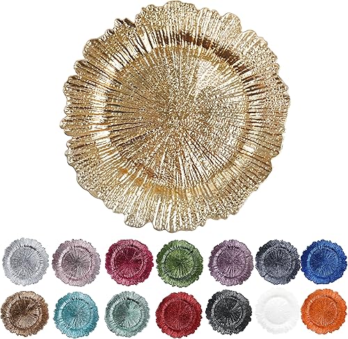 Evershine Juego de 12 platos de plástico redondos dorados de 13 pulgadas, cargador de arrecife floral para platos de comedor, mesa y decoración de