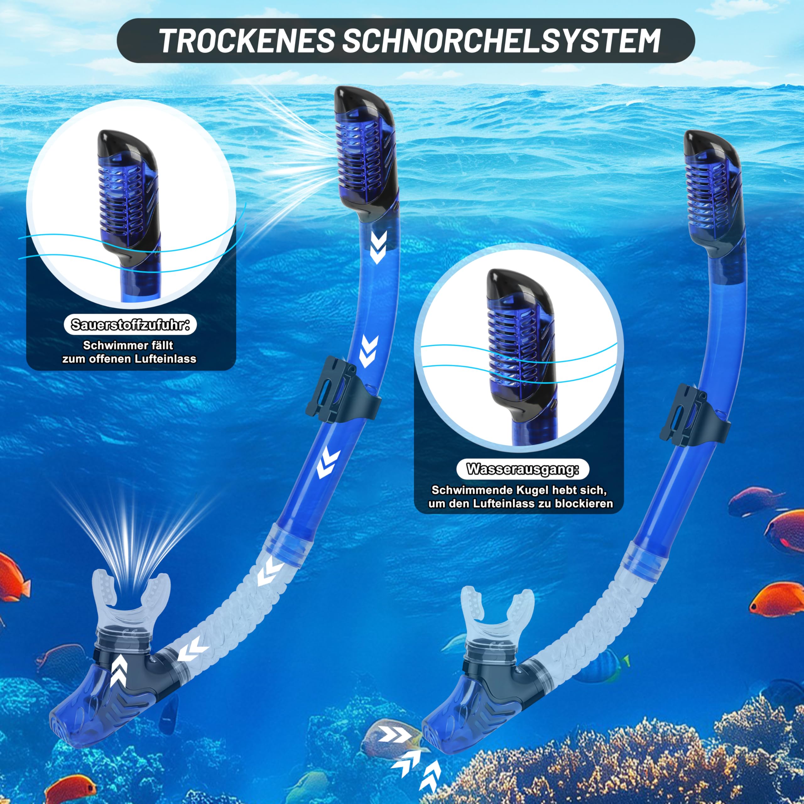IEEILULU zestaw do snorkelingu dla dorosłych, 7-częściowy sprzęt do snorkelingu z goglami do nurkowania, płetwami, suchą fajką do nurkowania (Blue, S/M)