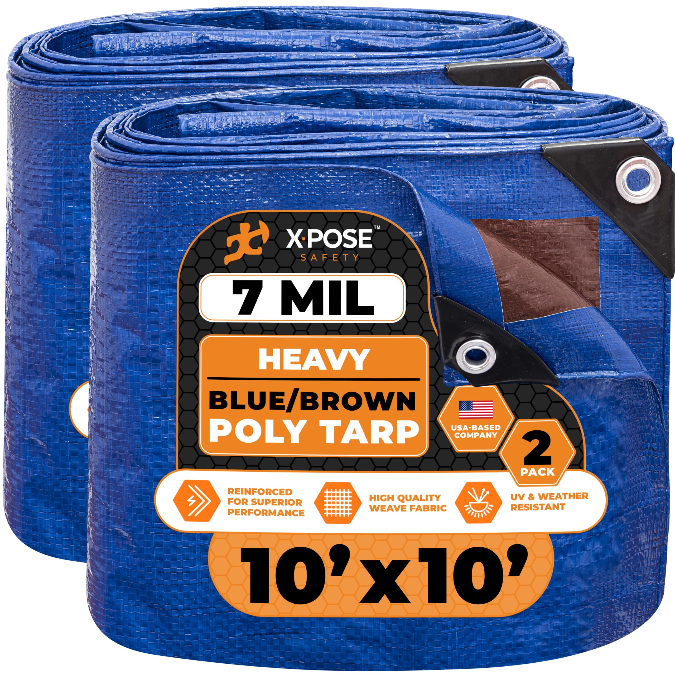 Xpose Safety 10’ x 10’ (2-Pack) Heavy Blue/Brown Tarp Waterproof - 7 Mil Weatherproof Camping Tarp for Tent, Rain, Wind &amp; Sun Plastic Tarpaulin Cover Outdoor for Roof, Trailer, RV, Car, Boat