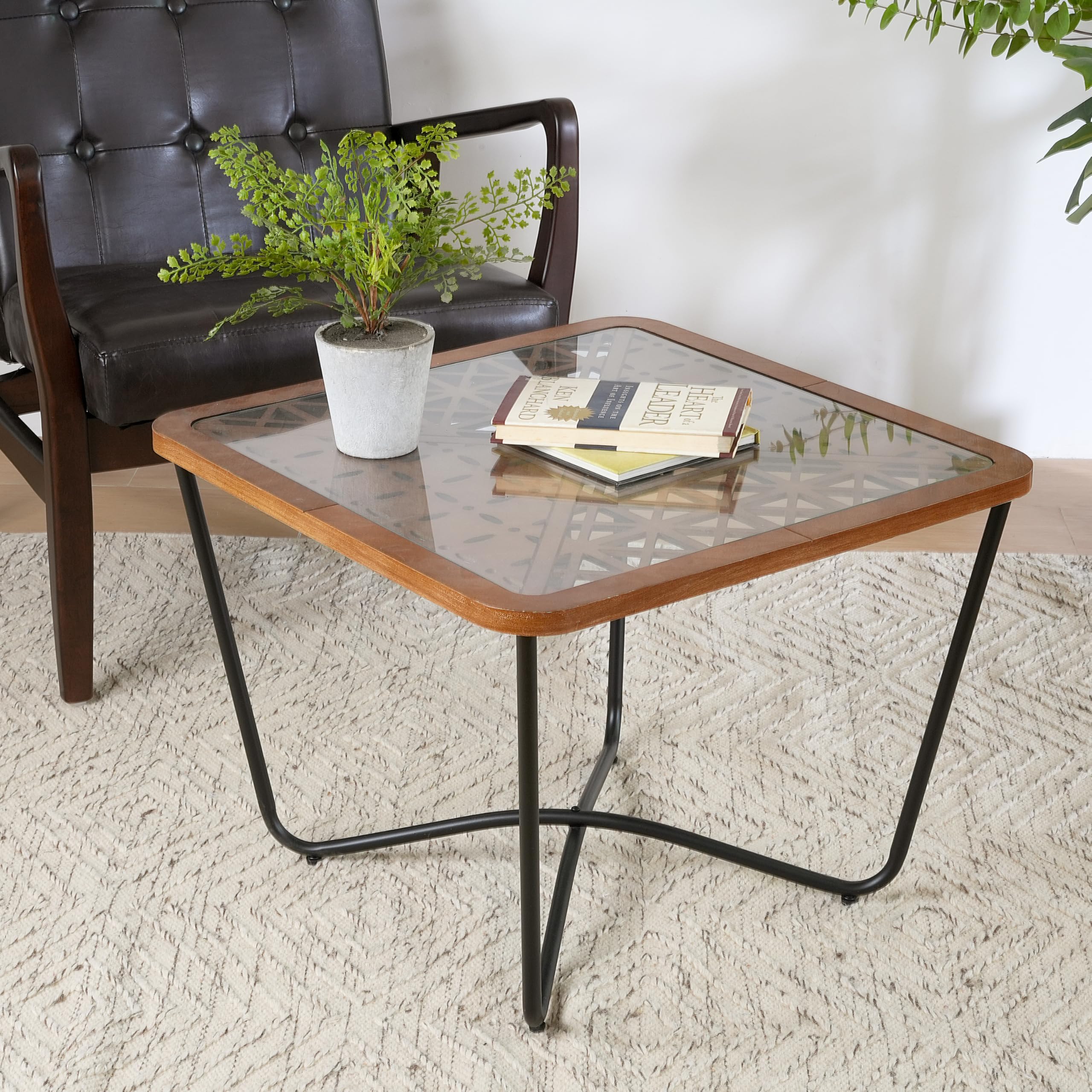 Christopher Knight Home Lyle Living Room Modern Industrial Square Coffee Table Glass Top Sofa Table with Wooden Edge