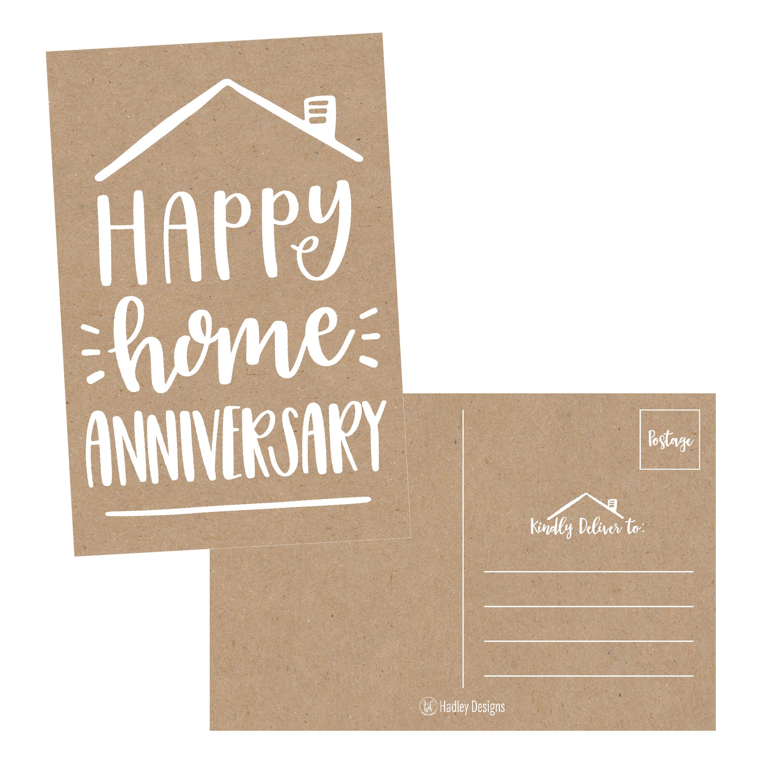 Hadley Designs 25 Kraft Happy Home Anniversary Realtor Cards, Blank Greeting House Postcards, Bulk Real Estate Thank You Notes, Welcome Home Realtor