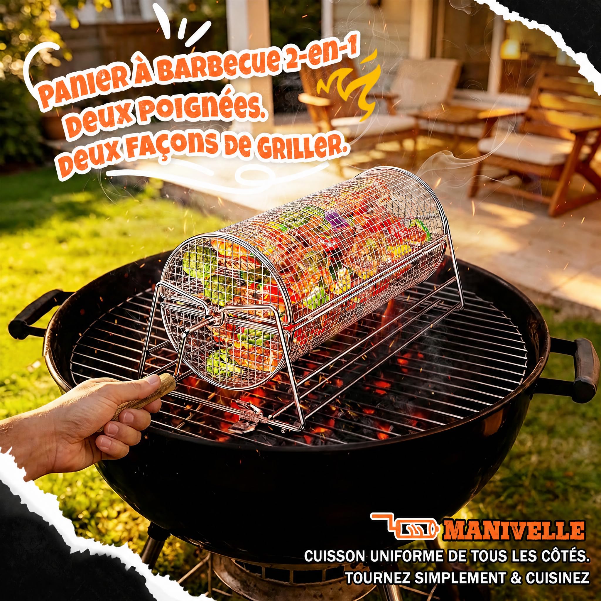 2-en-1 Panier à Barbecue Roulant Rotatif, Inoxydable 304 avec Poignées Détachables Doubles Manivelle et Droite, Accessoires BBQ pour Légumes Crevettes, Cadeau Idée Homme Papa Mari Anniversaire