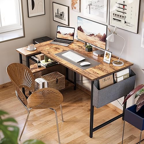 Miniatura 4 de CubiCubi Escritorio en forma de L, mesa de computadora de 47 pulgadas con estantes de almacenamiento reversibles, oficina en casa, esquina, estudio,