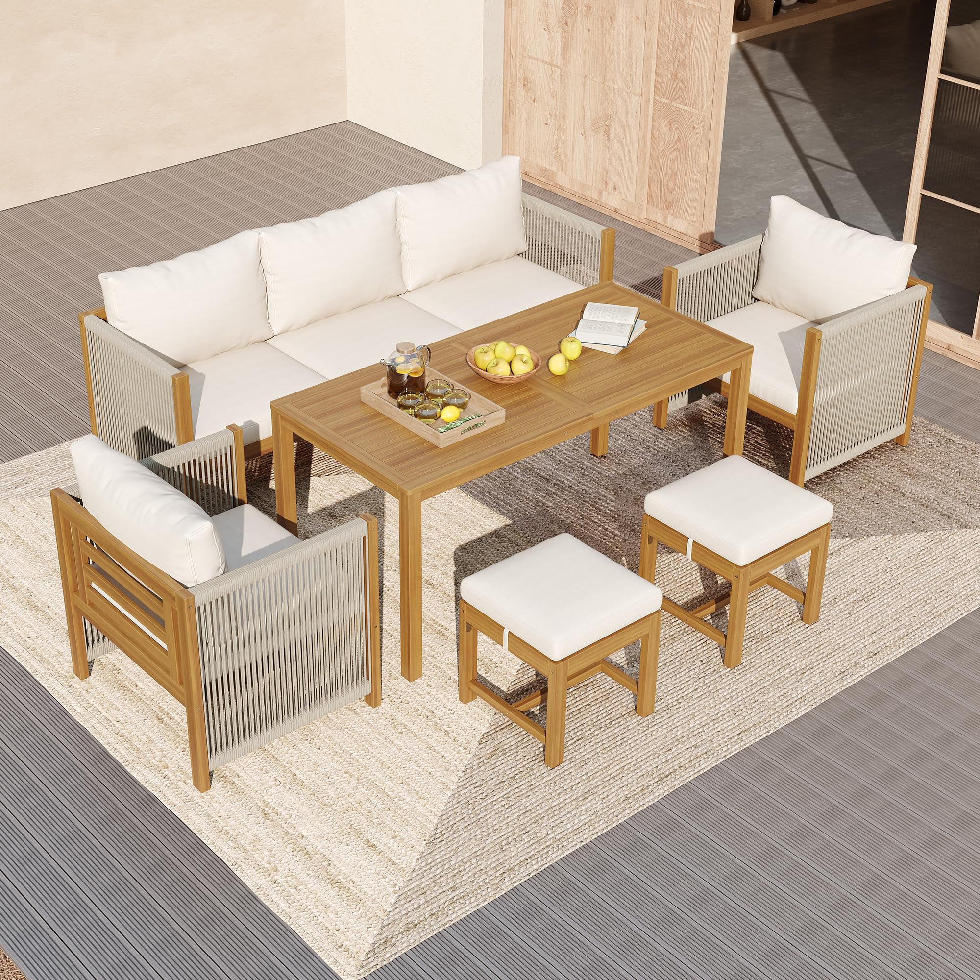Set di 6 sedie da giardino, set di mobili da giardino, 3 divani, 2 divani, 2 sgabelli, tavolo da pranzo, tavolo in acacia (beige)