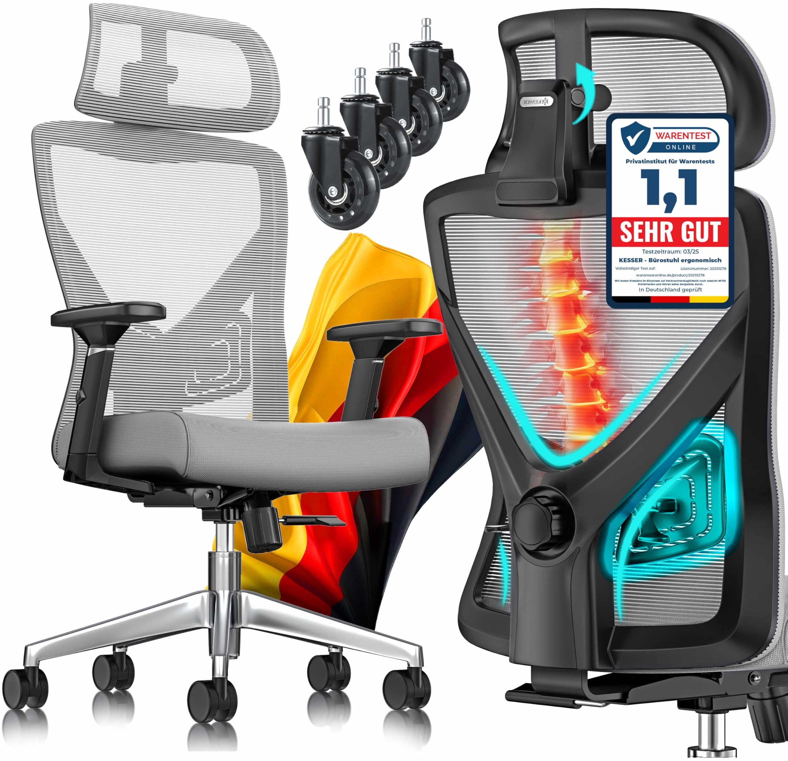 KESSER® Silla de oficina con reposabrazos ajustables, silla giratoria con soporte lumbar que protege la espalda | silla de escritorio ergonómica con reposacabezas | silla ejecutiva silla de oficina