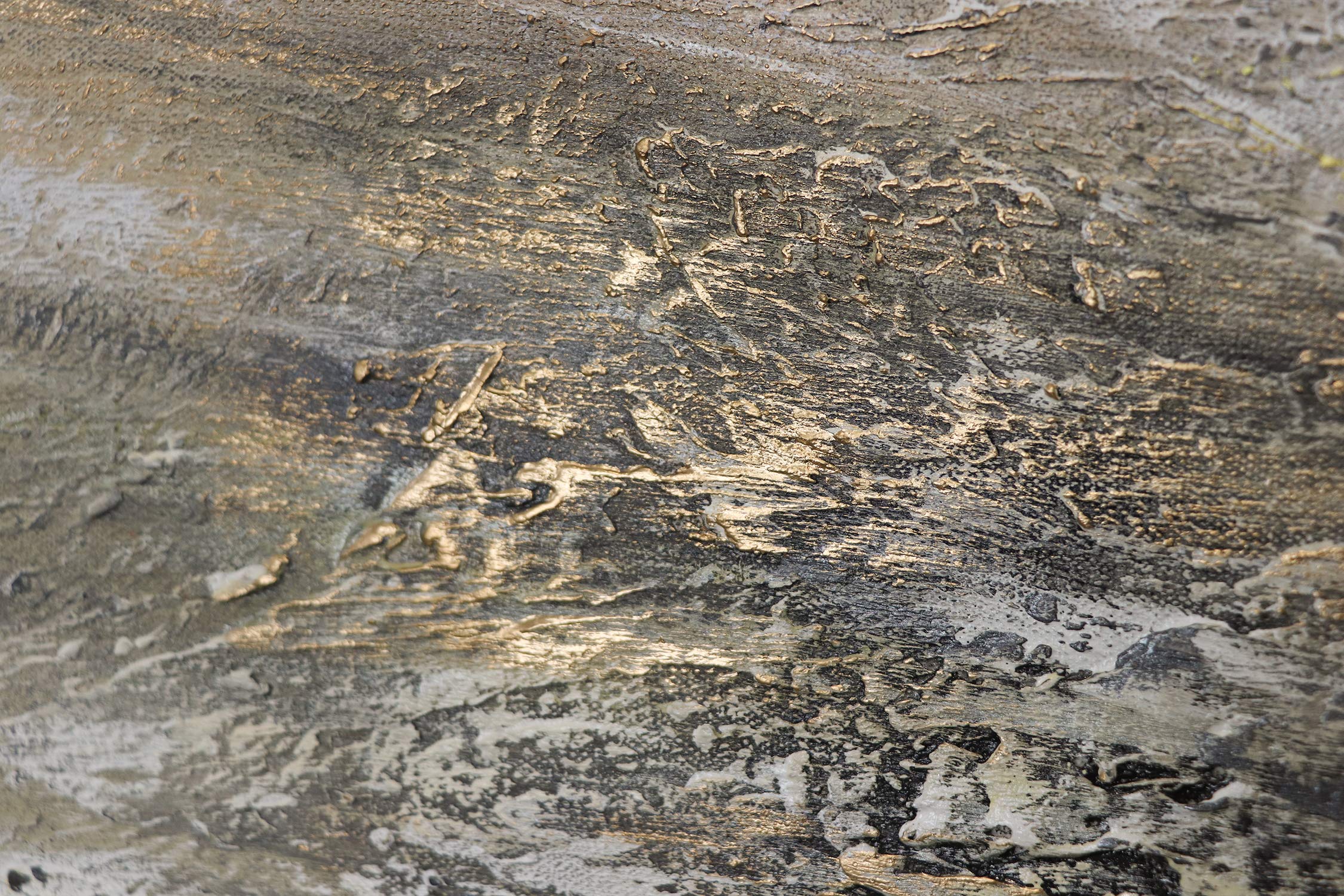 YS Tableau peinte à la main art abstrait modern Puissance élémentaire tons gris et noirs avec or Décoration intérieure Surface texturée 140x70 cm