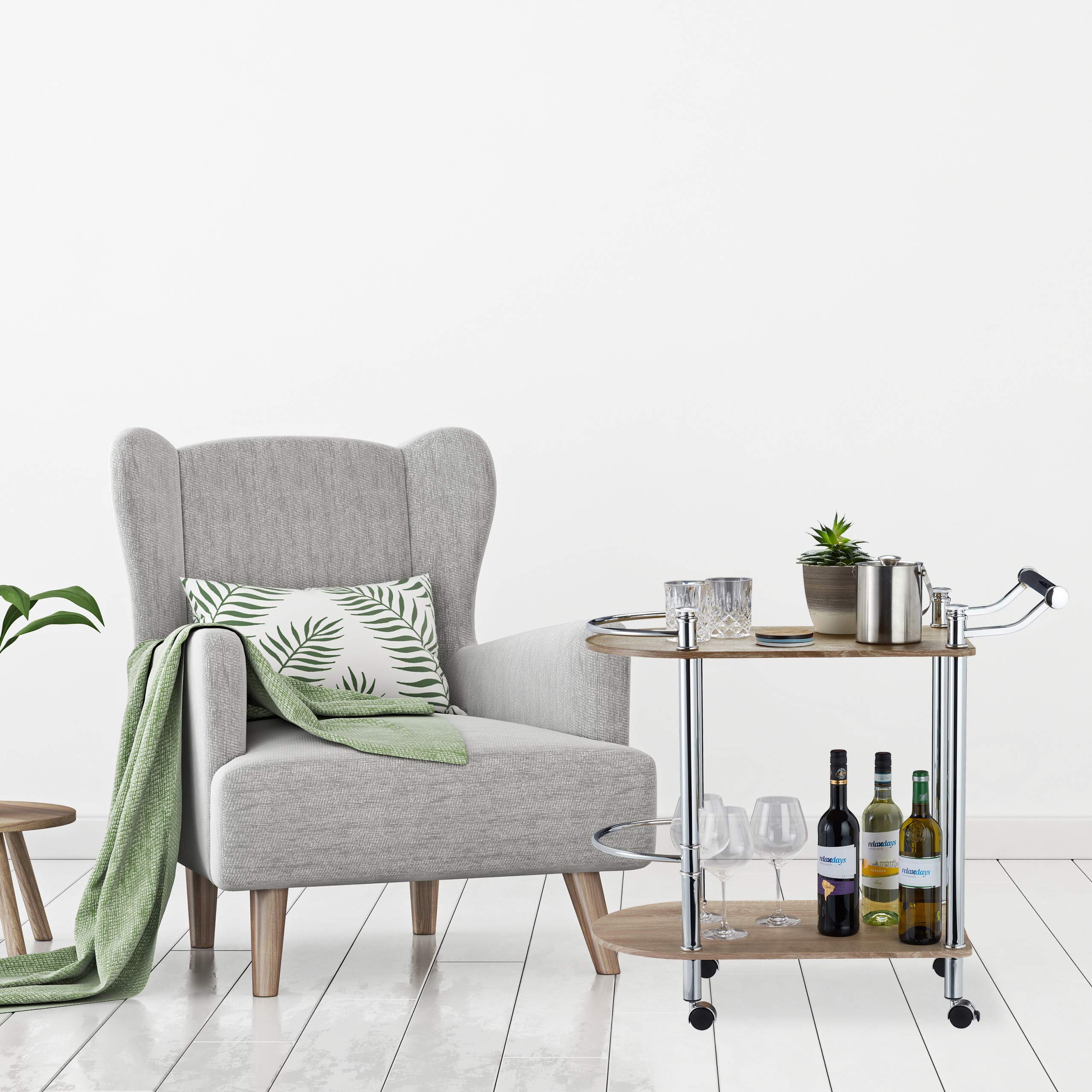 Relaxdays Carrello Portavivande con 2 Ripiani, in Effetto Legno, MDF, Acciaio, 4 Ruote, con Manico, 76x39x82 cm, Marrone