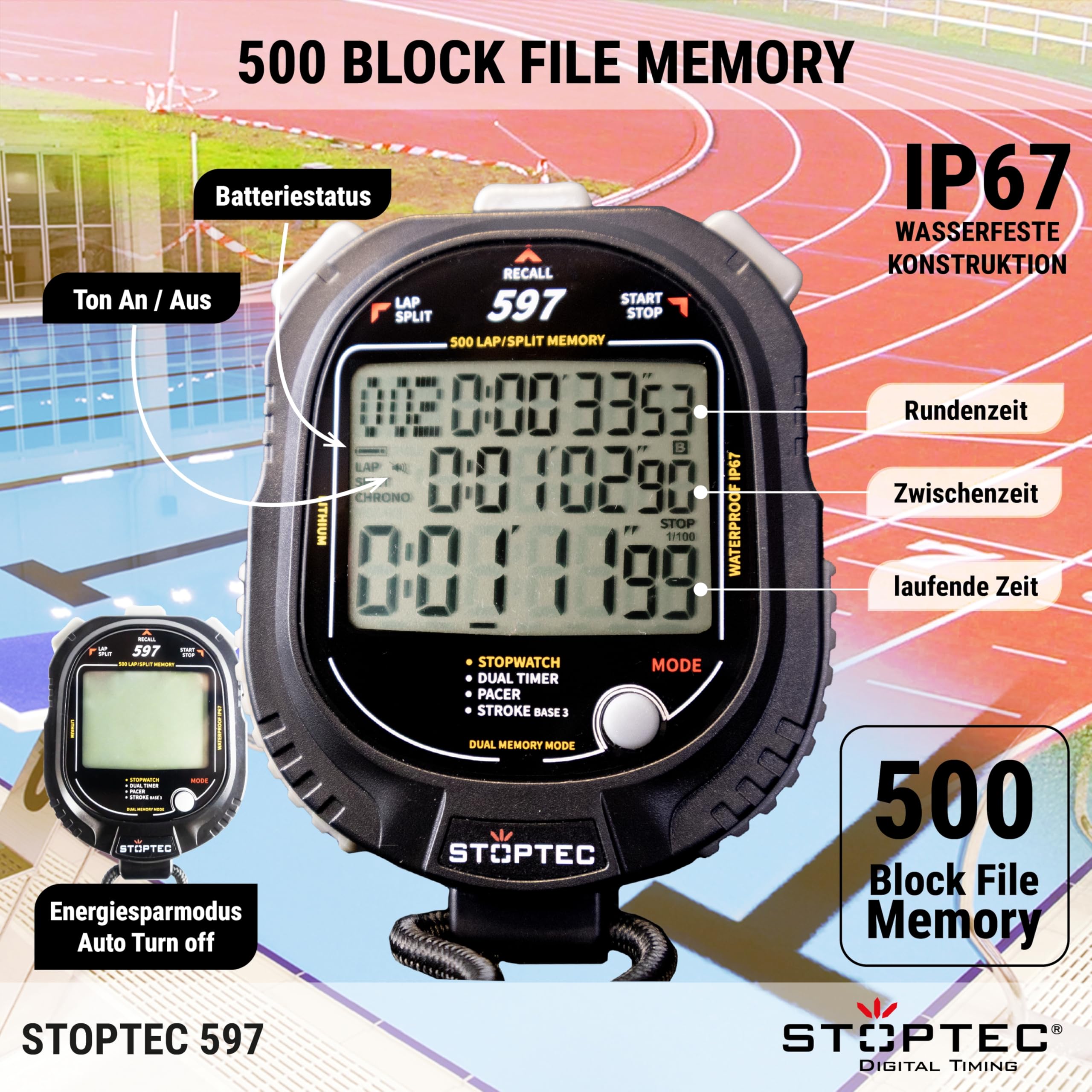 Stoptec - Cronometro 597, grande display a 3 righe, meccanismo a punti di pressione, 500 memoria, doppio timer, pacer, misurazione del numero di colpi, display e suono acceso e disattivabile