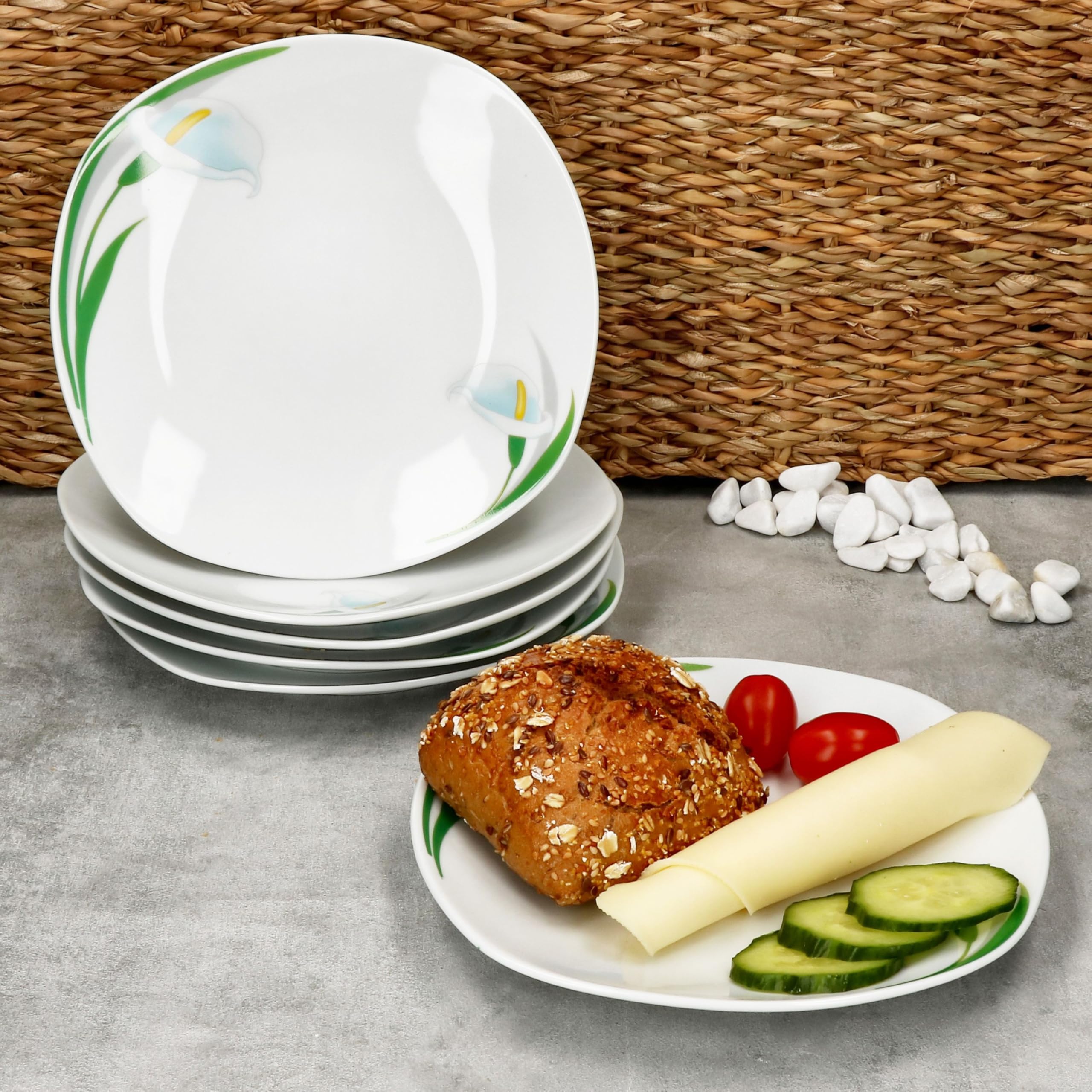 MamboCat Zestaw 6 talerzy do ciasta White Calla, stylowe porcelanowe talerze śniadaniowe z motywem kwiatowym, dla 6 osób, małe talerze do sałatek, deserów, przekąsek itp.