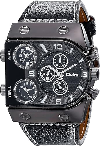 Oulm Militar de la Hombres Oversize Multi zonas horarias 3diales piel Analógico Deportes muñeca reloj hp9315b Negro banda negro Face