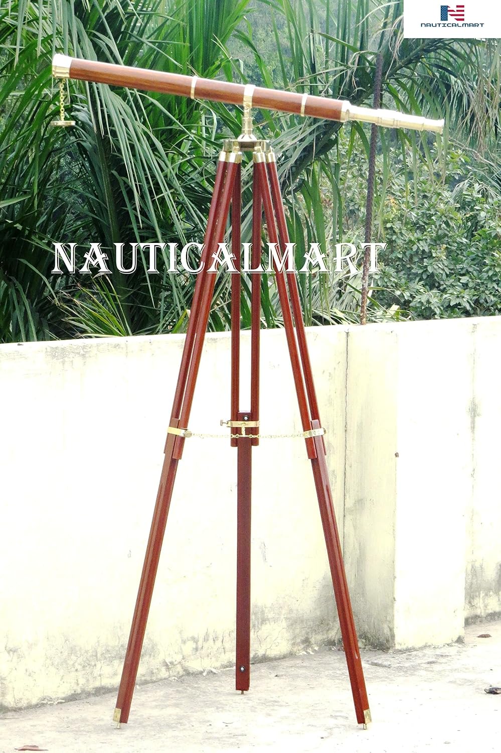 NauticalMart Floor Standing Brass - Wood Admiral Telescope 60" - Nautical Decor - Brass Telescope