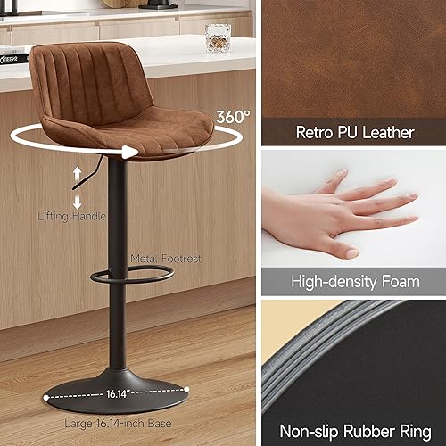 Miniatura 4 de Zouron Juego de 2 taburetes de bar giratorios, taburetes de bar ajustables de altura de mostrador con respaldo alto, taburetes de bar de piel