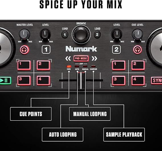 Numark DJ2GO2 Touch Compact DJ Controller with 2 Decks, Mixer, Audio Interface and Serato Lite
