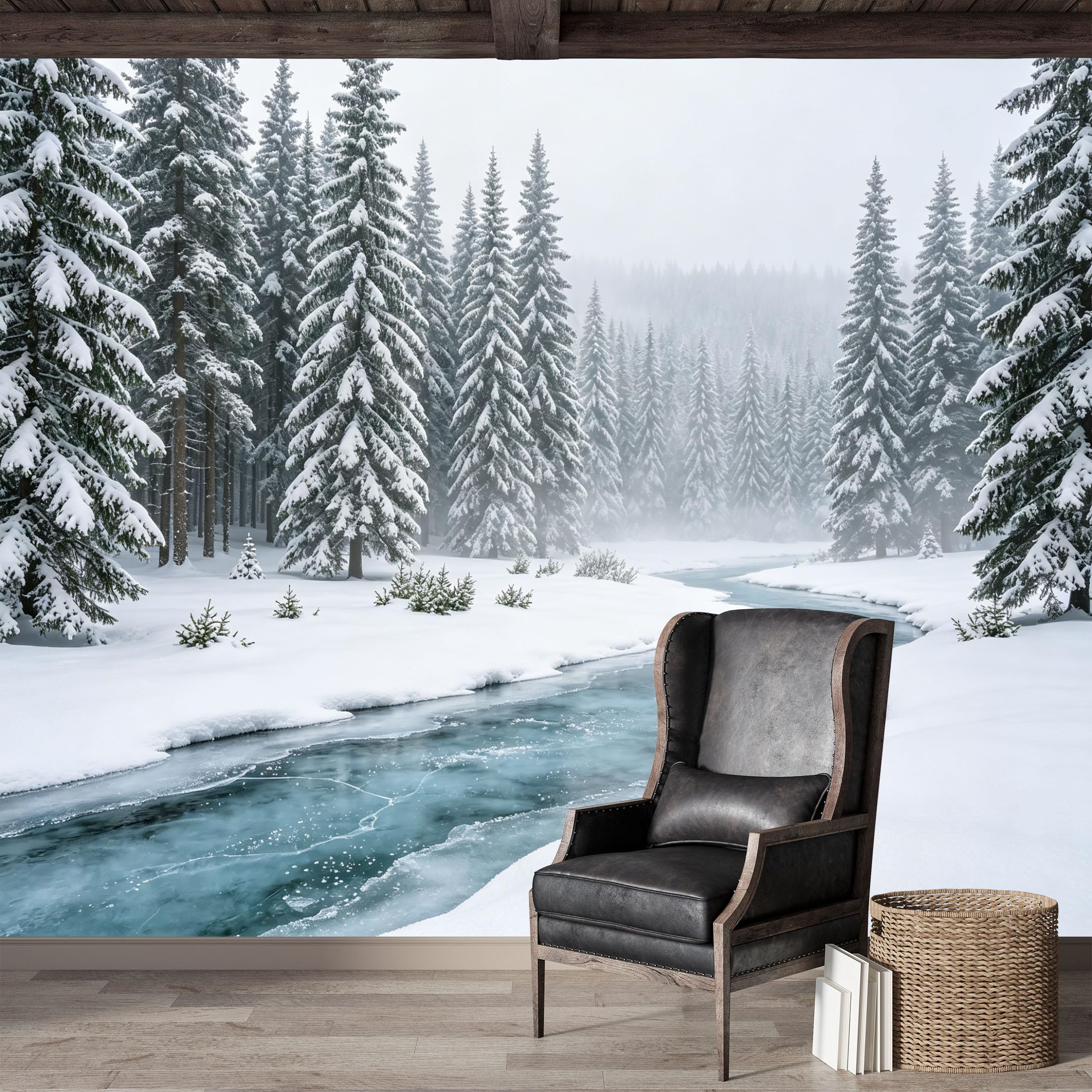 Custom Size Wall Mural,Snowy Forest Winter Landscape Frozen River Premium Water Activated SelfAdhesive Wallpaper,Removable Wall Covering,Easy DIY Install Wall Art for Indoor Home Decor