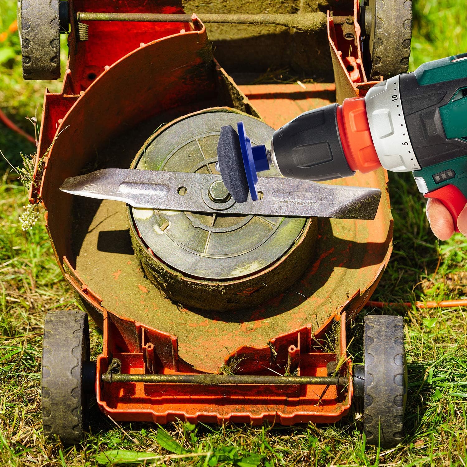 TUPARKA 5 Packs Lawn Mower Blade Sharpener for Drill with 1 Pair of Gloves,Lawn Mower Sharpener Grinder Wheel Stone for Any Power Drill Hand Drill