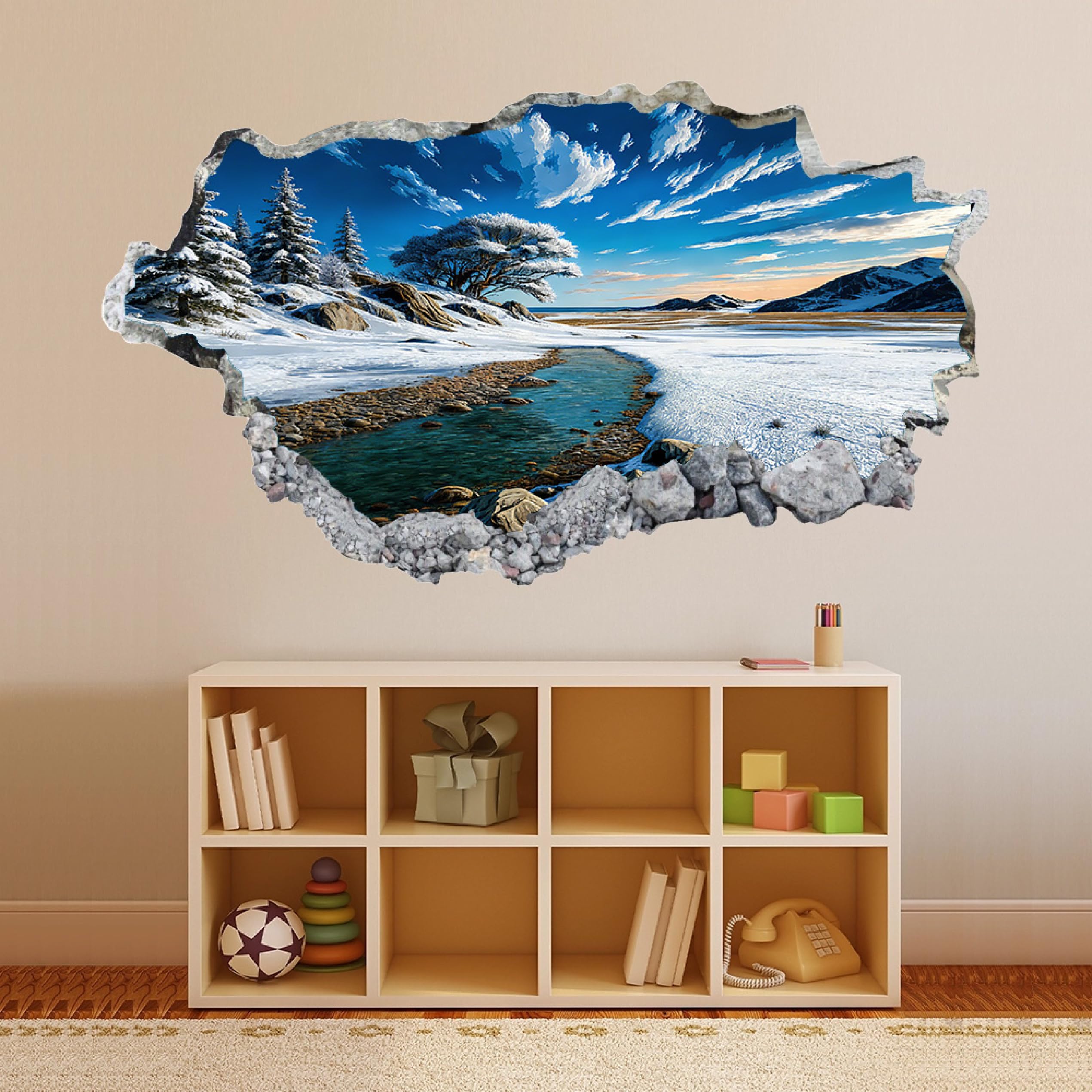 Wandtattoo 3D Wandaufkleber Winterschneefluss Wandsticker Wanddeko Wandbilder für Wohnzimmer Schlafzimmer Badezimmer Flur Küche Möbel Aufkleber 58x101cm
