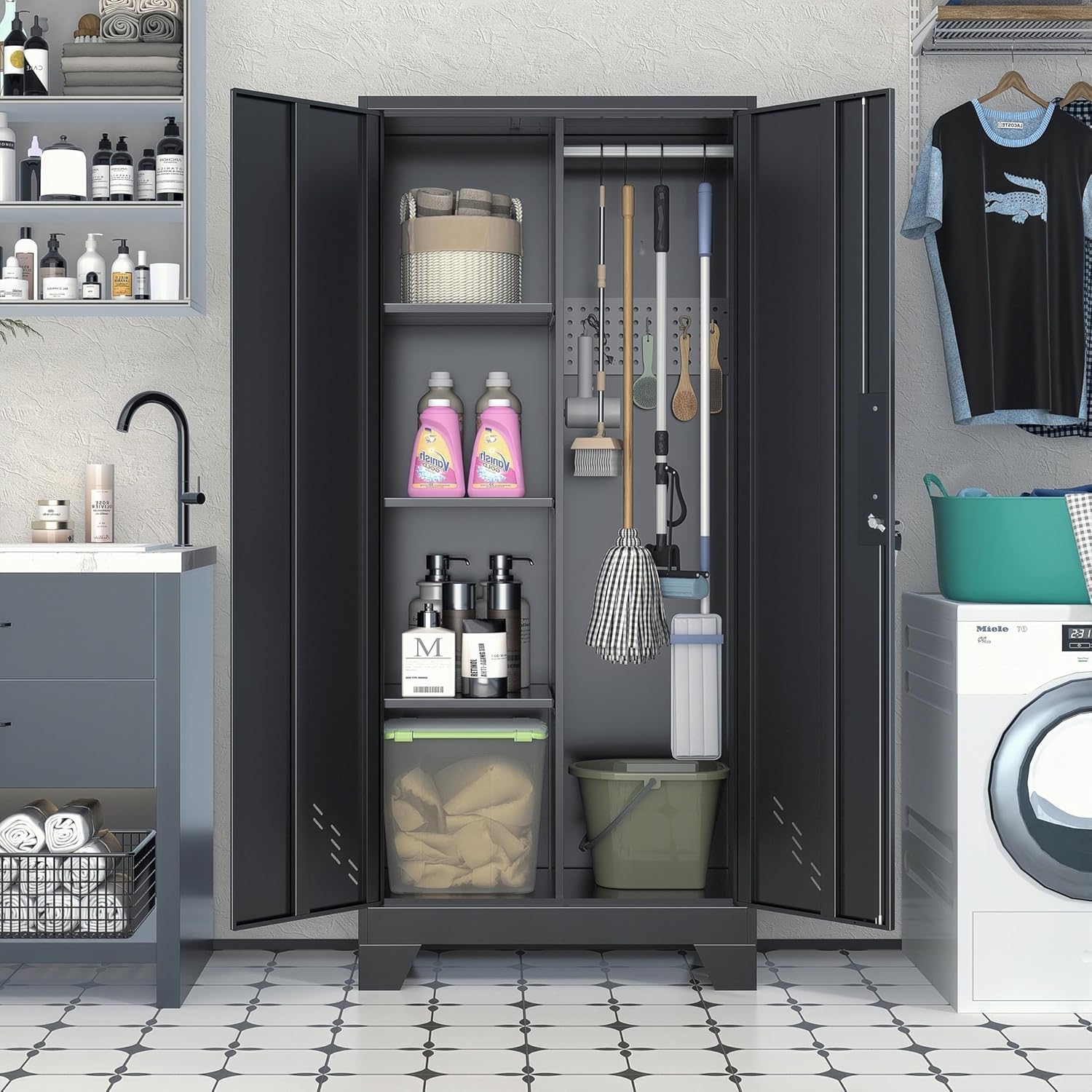 61" H Broom Closet Cabinet, Metal Storage Cabinet with Lockable Doors and Pegboard, Utility Closet for Brooms and Mops, Tool Cabinets for Home Office, Laundry Room, Garage, Workshop