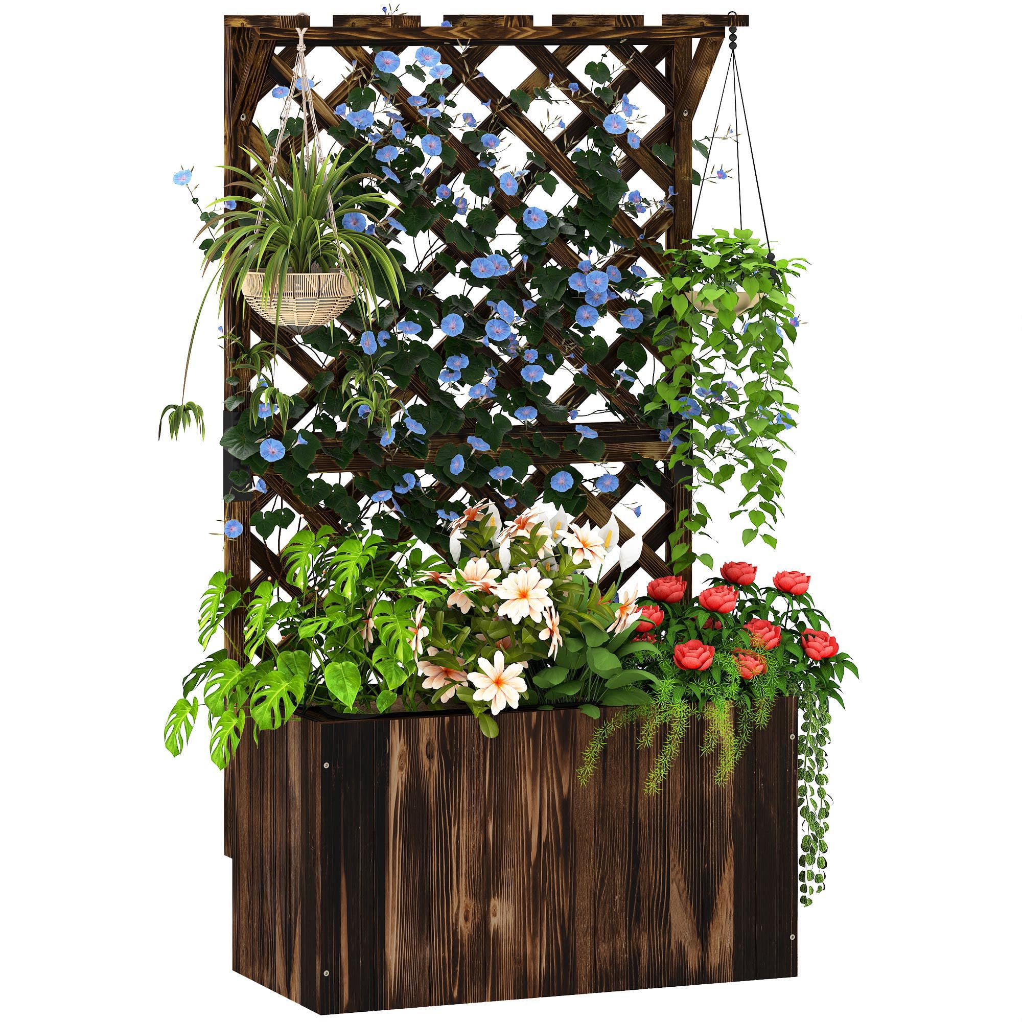 Outsunny Wooden Planter With Trellis And Drainage Holes, Carbonised