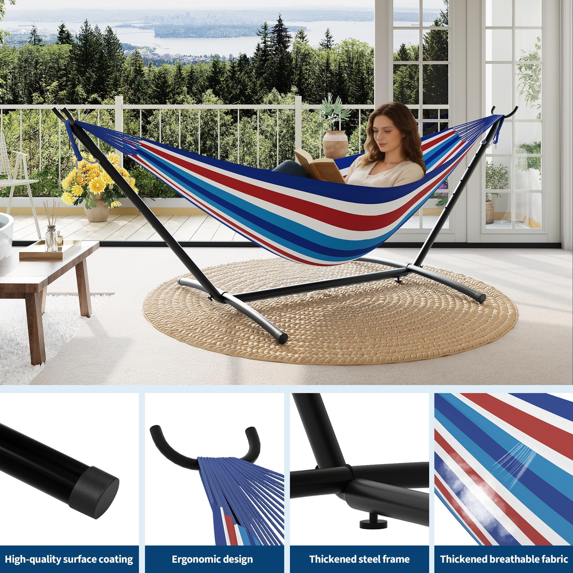 Garvee Hamaca Portátil para 2 Personas Resistente 450 Libras con Soporte Plegable - Ideal para Jardín, Playa y Camping Exterior - Rayas Azules, Blancas y Rojas