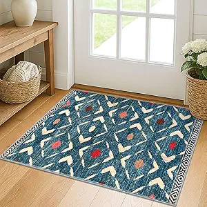 KILOCOCO Small Rug 2'x3' Entryway Rug Printed Moroccan Indoor Door Mat Machine Washable Non Slip Soft Throw Rugs for Bedroom Kitchen Entrance Geometric Boho Rugs, Teal/Blue