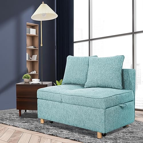 Miniatura 3 de SEJOV Sofá cama, sofá otomano convertible 4 en 1, moderno sofá futón de línea azul con 2 almohadas, respaldo y reposabrazos ajustables, sofá biplaza