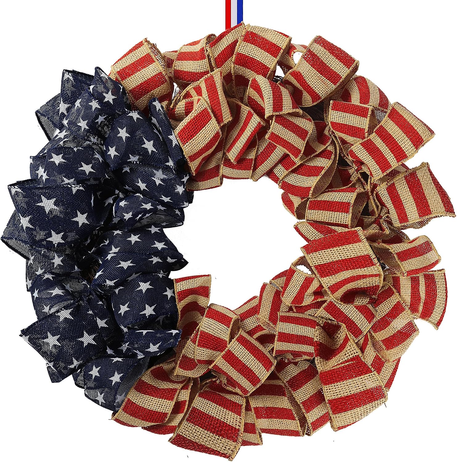 Sggvecsy 23Inch 4th of July Patriotic Day Wreath for Front Door with Grapevine Base America Patriotic Flag Burlap Summer Patriotic Decorations for Independence Day Memorial Day Veterans Day