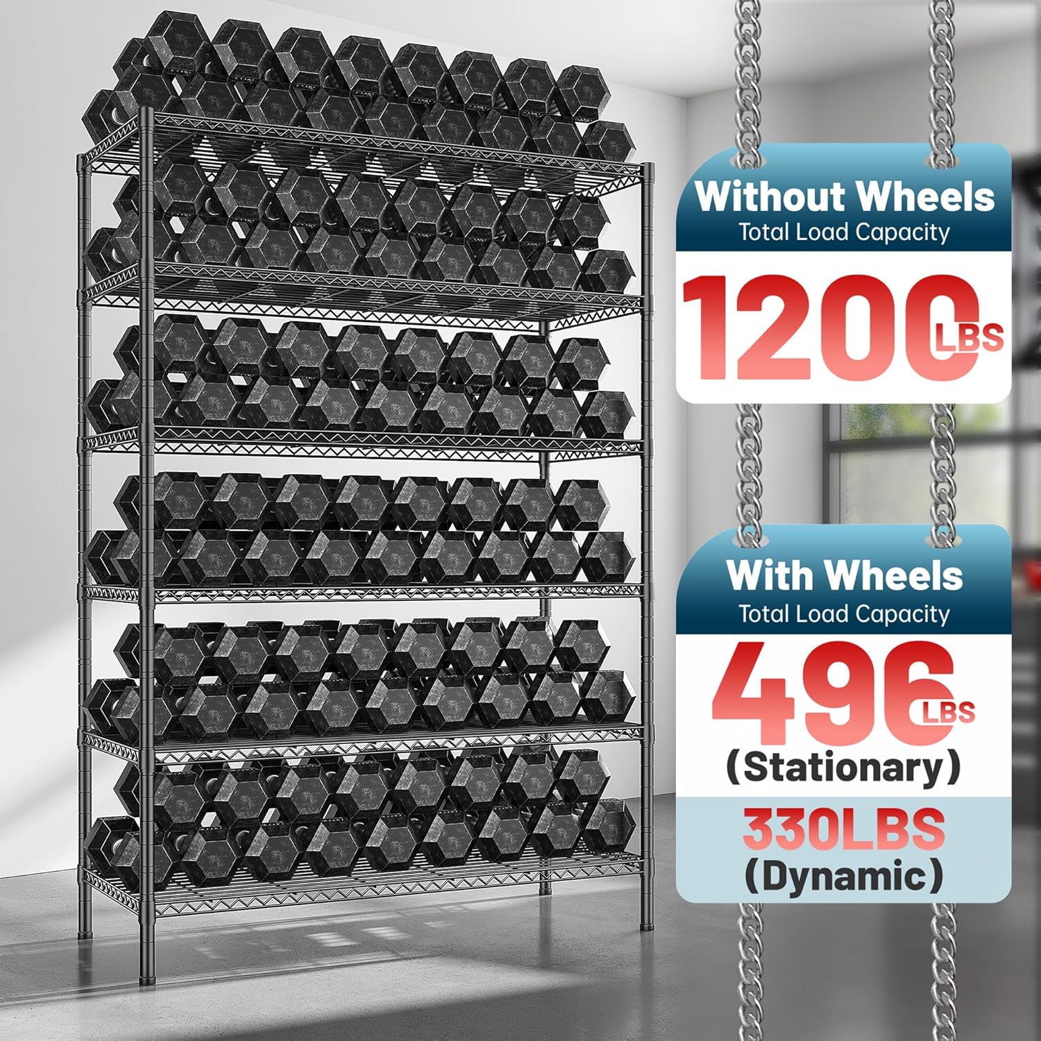 82" H X45 W X18 D Storage Shelves with Wheels, 6 Tier Wire Shelving Adjustable Metal Shelving Pantry Shelves Capacity 1200LBS for Garage Shelving, Pantry, Kitchen, Closet, Commercial, Black - Image 5