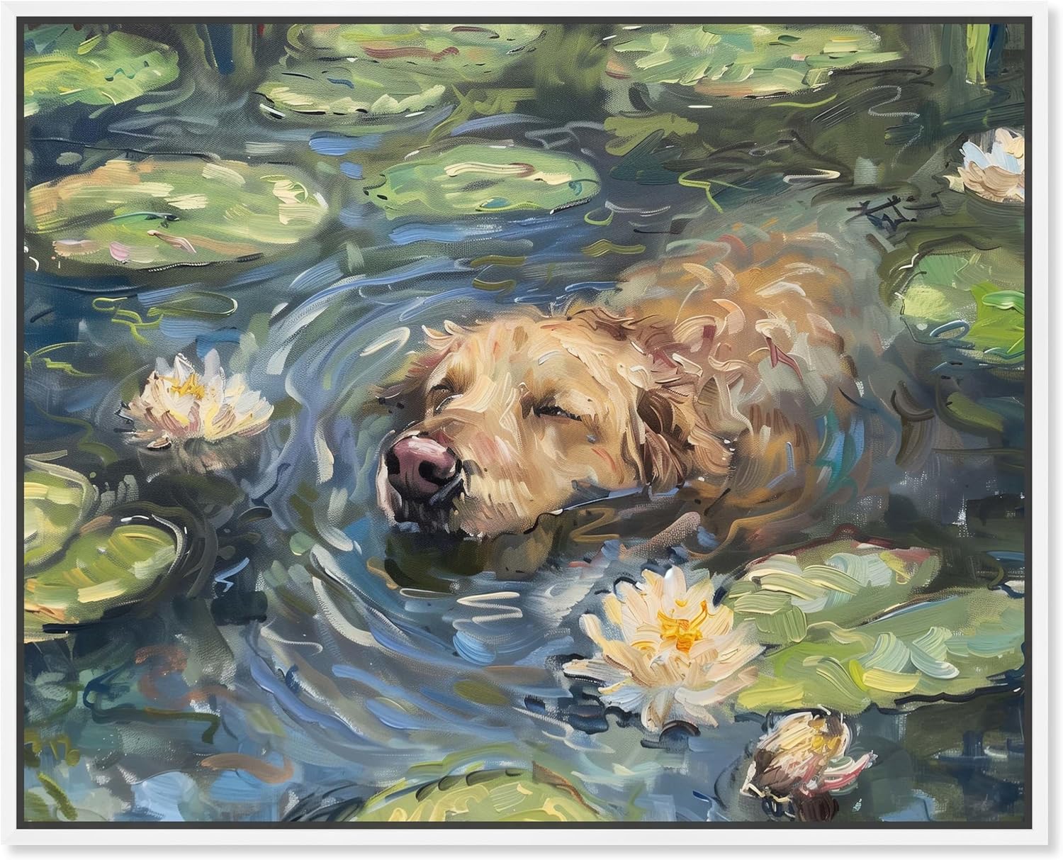 Monet Water Lilies Dog Rustic Chic Farmhouse Canvas Wall Art by Art Remedy, Gallery Wrapped, 20"x16"