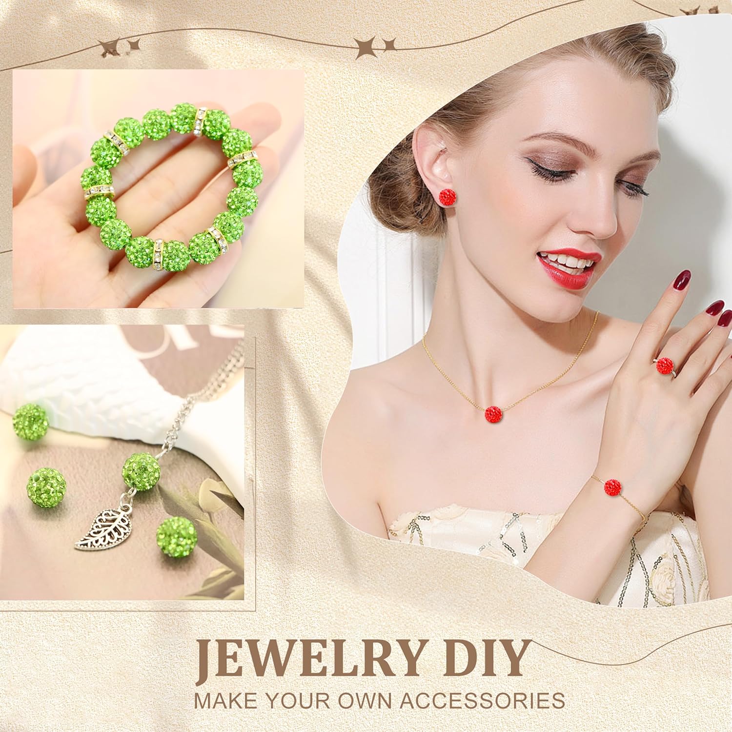 150pcs 10mm Rhinestone Beads for Jewelry Making,Full of Diamonds Round Disco Bead Bulk,Clay Bead for Crafting,Rhinestone Clay Beads for DIY Baseball Necklace Bracelet (Light Green, 10mm/55pcs) - Image 3