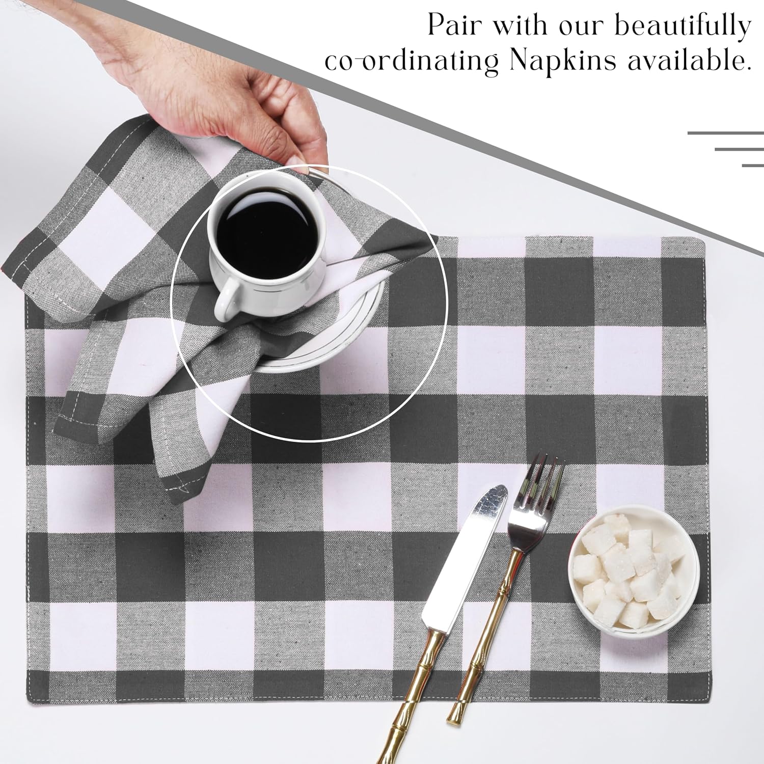 Light Grey and Black Buffalo Check Placemats Set of 4, 13x19 Inches, 100% Cotton, Washable, Reusable Farmhouse Table Mats for Thanksgiving, Weddings, Everyday Dining