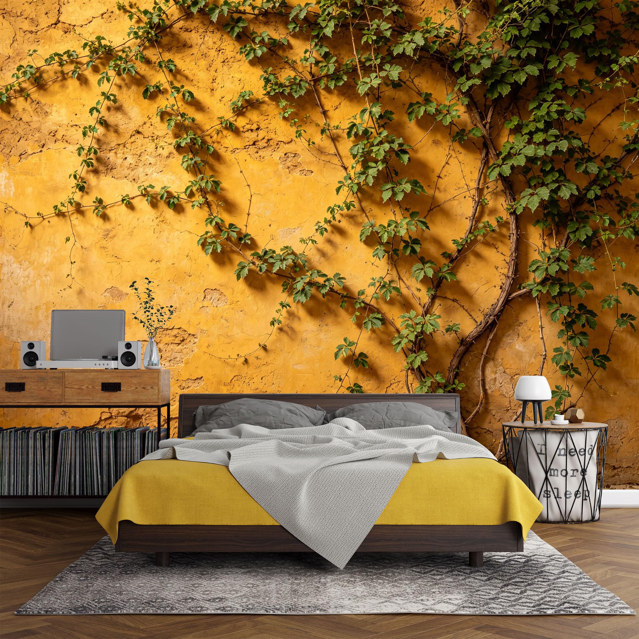 Custom Size Wall Mural， Botanical Rustic Ivy Vine Textured Yellow Plaster Wall，SelfAdhesive Art Prints wall Fabric (No PVC) Removable Wallpaper Living Room Decor