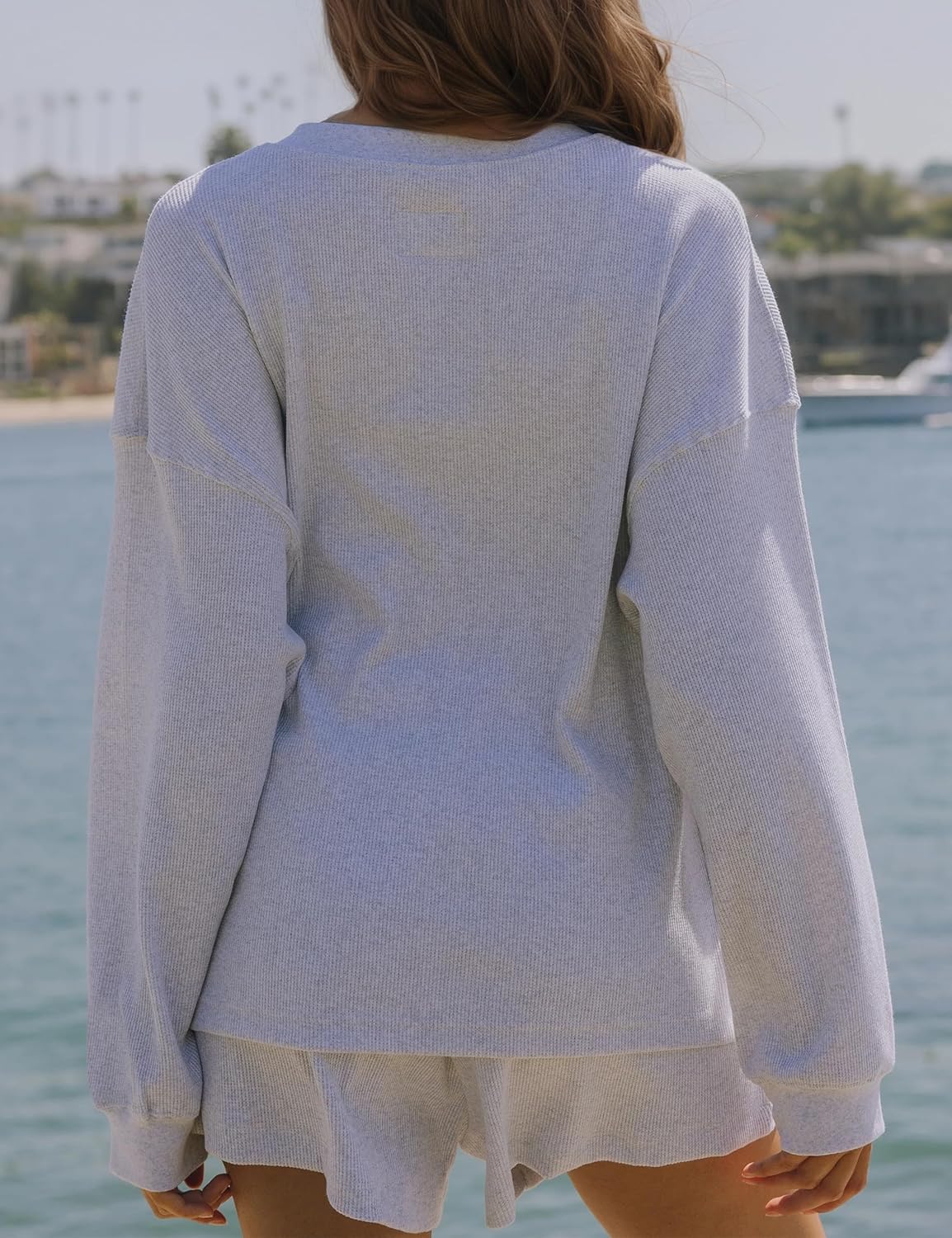 MISSACTIVER Waffle Knit Lounge Sets for Women Long Sleeve Oversized Sweatshirt Elastic Waist Shorts Fall 2 Piece Matching Set - Image 3