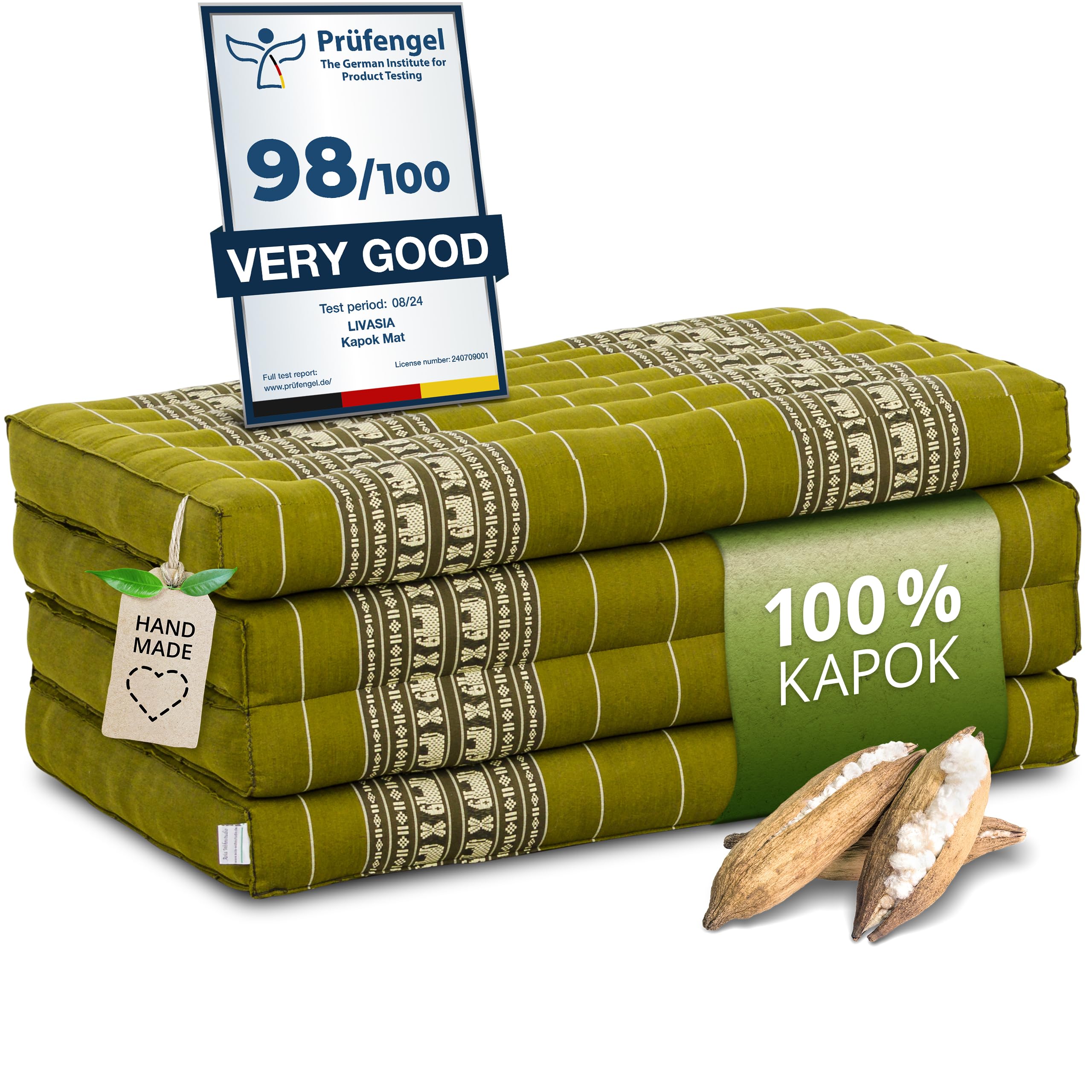 livasia Sustainable kapok mattress - 79x31x3.1โณ - Guest mattress, Folding mat for van, Ecological yoga mat, Folding guest bed, Sun lounger for garden & balcony (Green/Elephants)