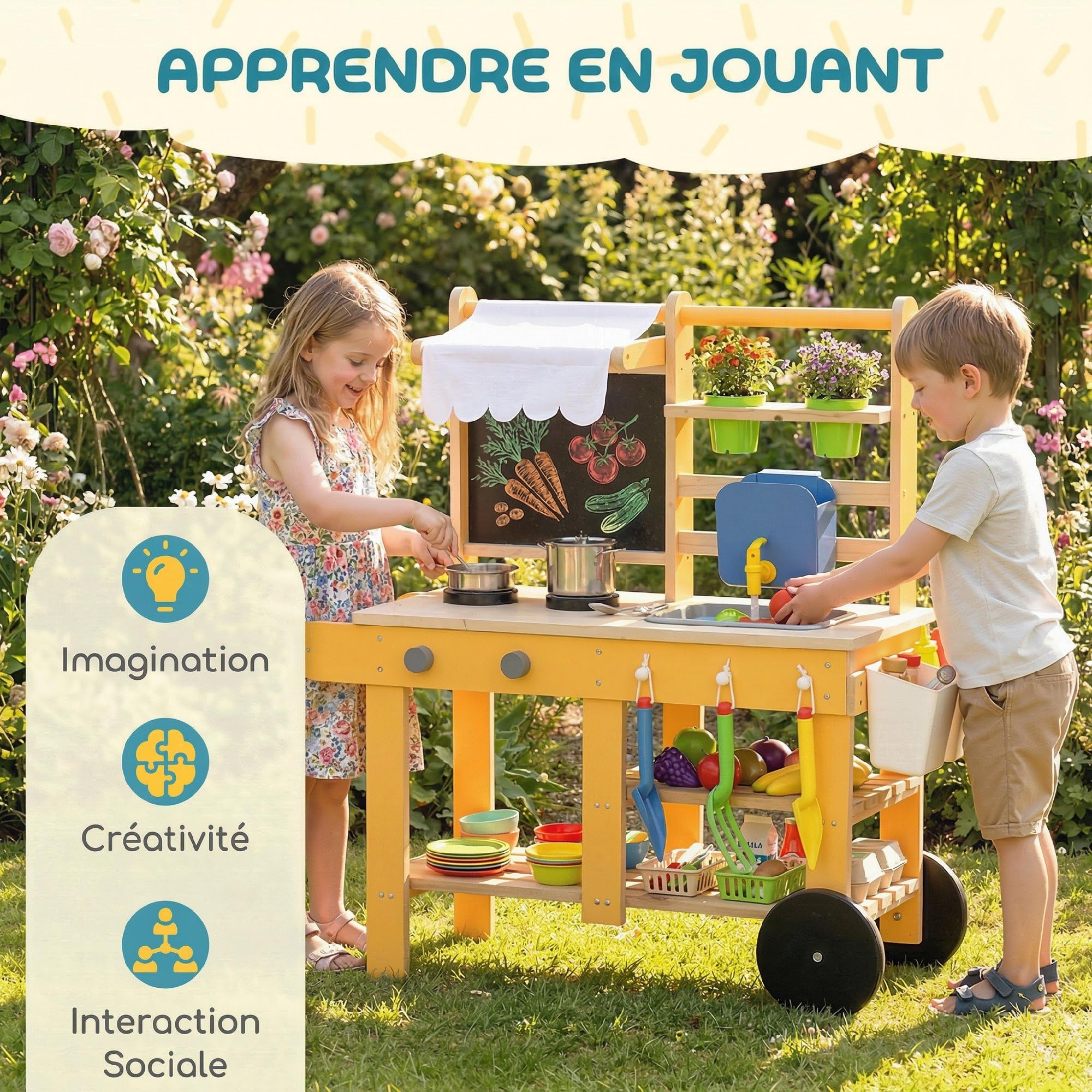 AIYAPLAY Cuisine Enfant en Bois avec roulettes, Cuisine Enfant Exterieur avec Eau Courante, Évier, Plaque de Cuisson, Étagère de Rangement, Pots de Plantation, Tableau, 15 Accessoires, Jaune