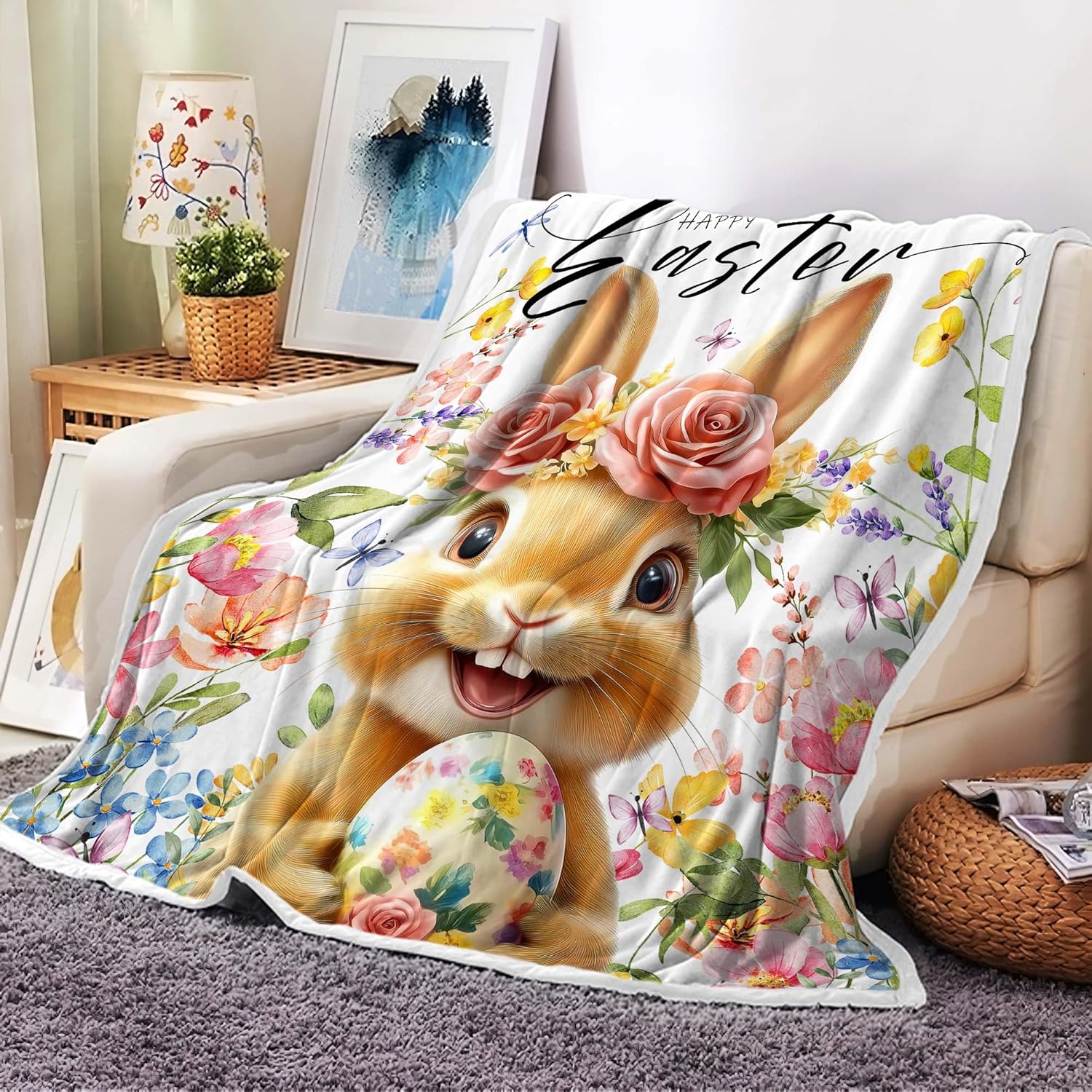 Spring Easter Cute Rabbit Throw Blanket for Kids, Happy Easter with Bunny Eggs Flower Soft Blankets for Women Girls, Colorful Floral Animal Farmhouse Spring for Bed Sofa Couch Camping Travel, 60X90IN