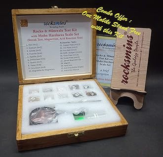 rocksmins Rmmhkitwbms Mohs Hardness Kit With Rocks&Minerals Test Kits Moh's Hardness In Wooden Box With Tools, Instruction Manual With Crossword Sets Collections With Free Mobile Stand (Rmmhkitwbms)