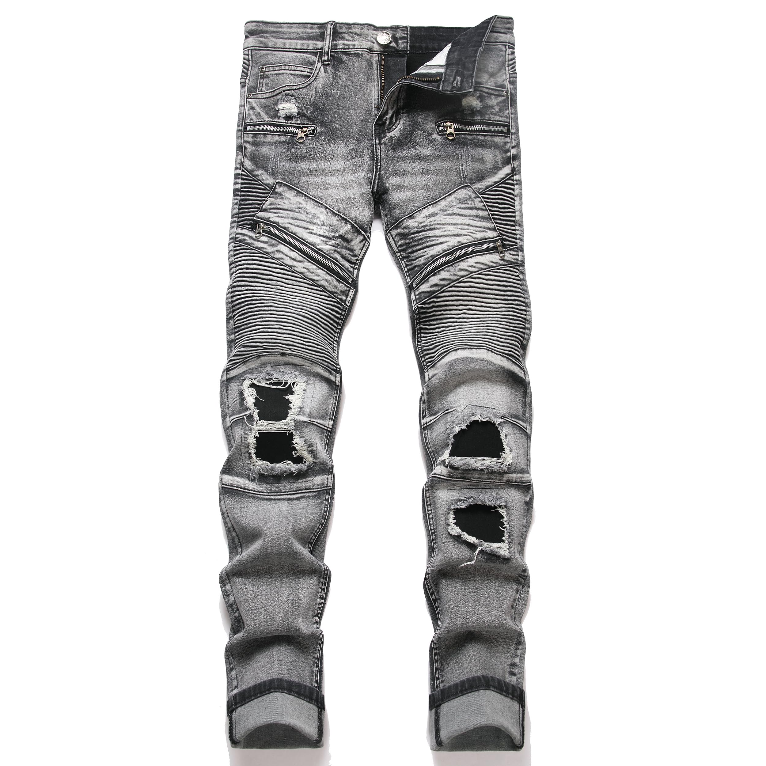 RXXKKK Mens Classic Zipper Biker Regular Fit Flex Jean