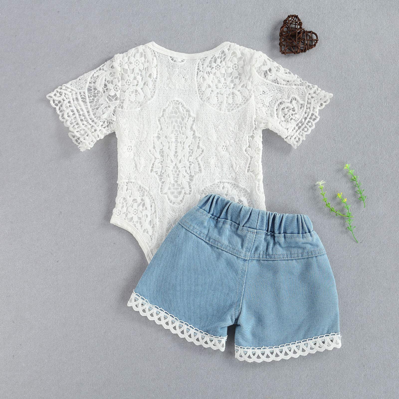 Summer Baby Girl Clothes Jeans Outfit Infant Short Sleeve Bodysuit Top+Ripped Shorts 2PCS Clothing Set (White, 6-12 Months)