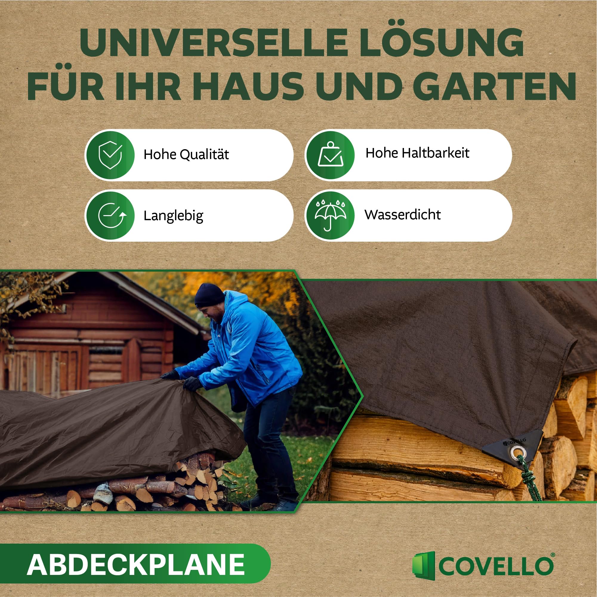Covello Telo impermeabile esterno 180g/m² Professional Line | Telo occhiellato 8m x 3m | Telo impermeabile | Resistente ai Raggi UV Agli Strappi | Telone multifunzionale per la protezione