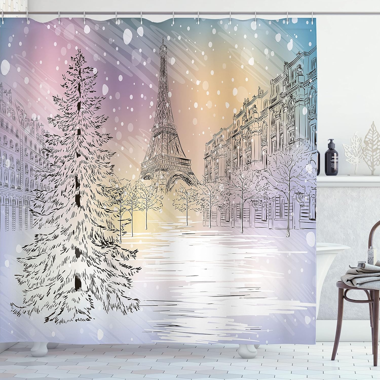 Ambesonne Christmas Shower Curtain, Fairies with Wands and Tree Hand Drawn Style with Wreath and Stockings Image, Cloth Fabric Bathroom Decor Set with Hooks, 69" W x 70" L, Red and Green