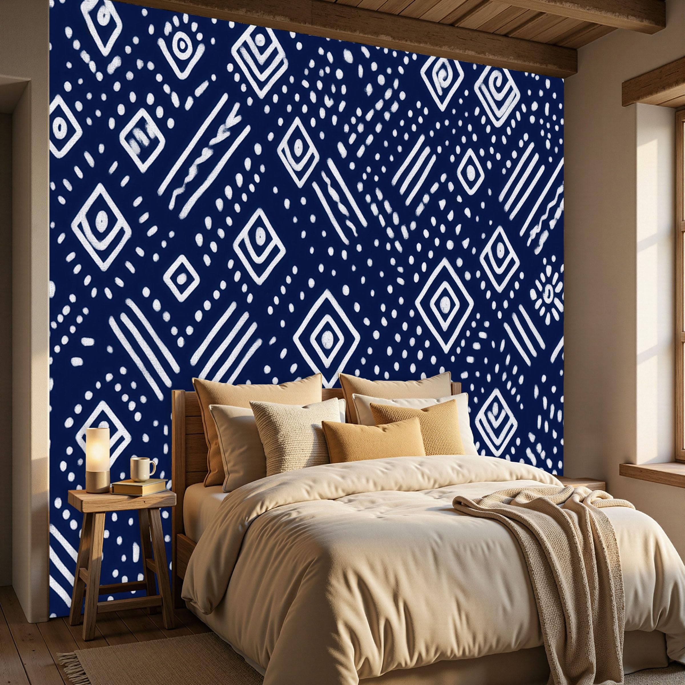 Motifs géométriques ethniques en fresque murale pour un intérieur cosy