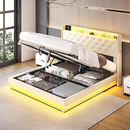 Miniatura 10 de Cama Queen con almacenamiento abatible, cama de plataforma tapizada con cabecero acolchado con botones y almacenamiento, estructura de cama tamaño